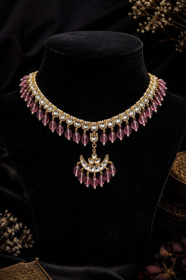 Gold & White Kundan Chand Tourmaline Stones Necklace