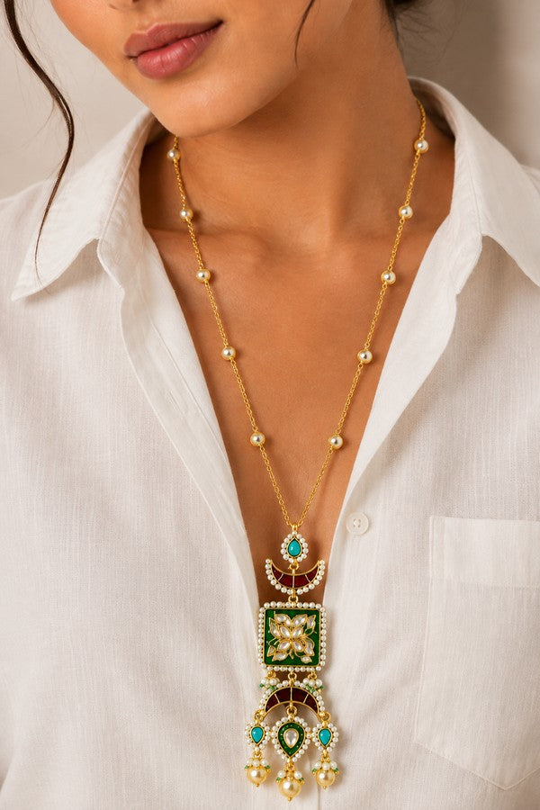 Green Enamel Turquoise Drop Kundan Long Necklace