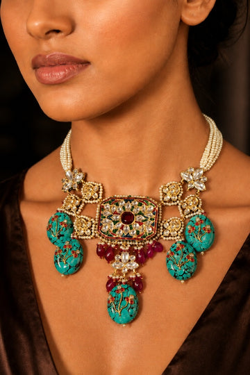 Ornate Red And Blue Meenakari Necklace