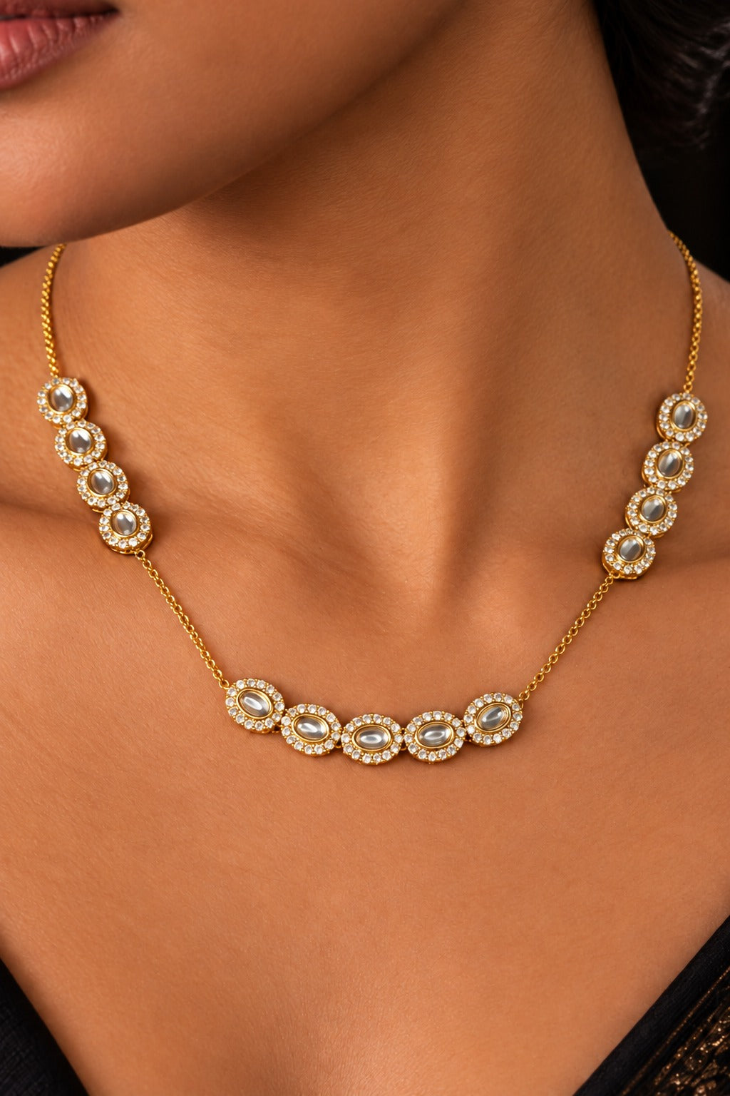 Gold & White Four Side Kundan Zirconia Necklace
