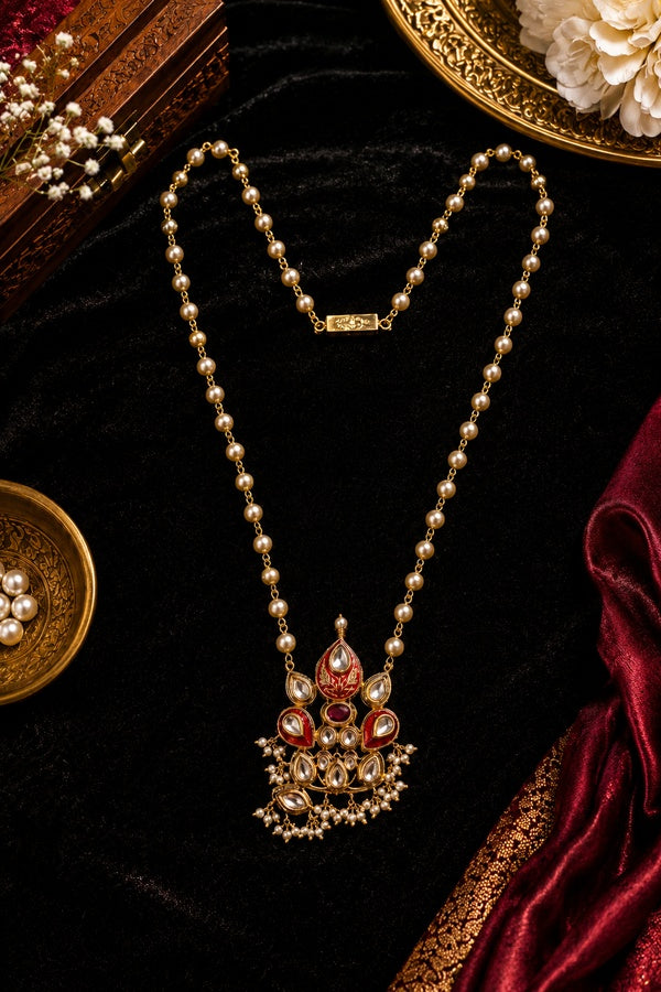 Red Enamel Tukri With Pearls Kundan Enamred Pendant Necklace