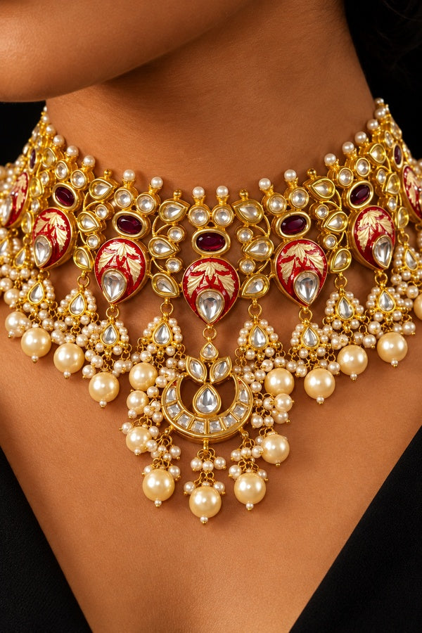 Red Enamel Tukri With Pearls Kundan Enamred Choker