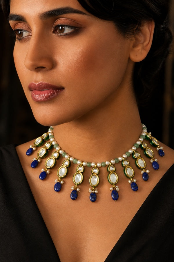 Kundan Buds Necklace with Blue Drops