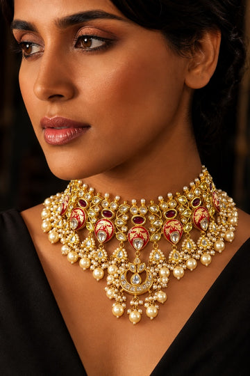 Red Enamel Tukri With Pearls Kundan Enamred Choker