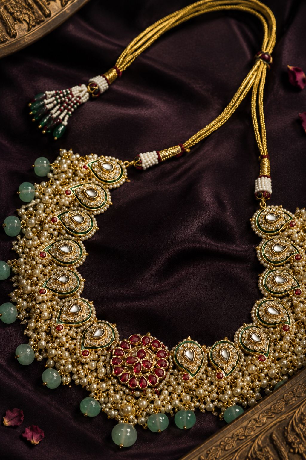 Red Kundan Pearls & Green Drops Choker Necklace