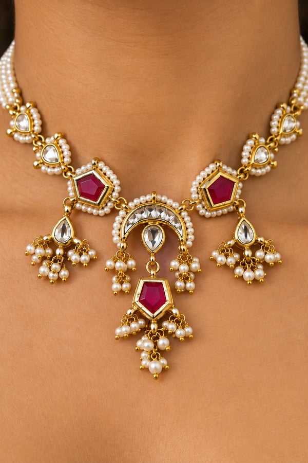 Kundan Red Hexa Drop Pearls Necklace
