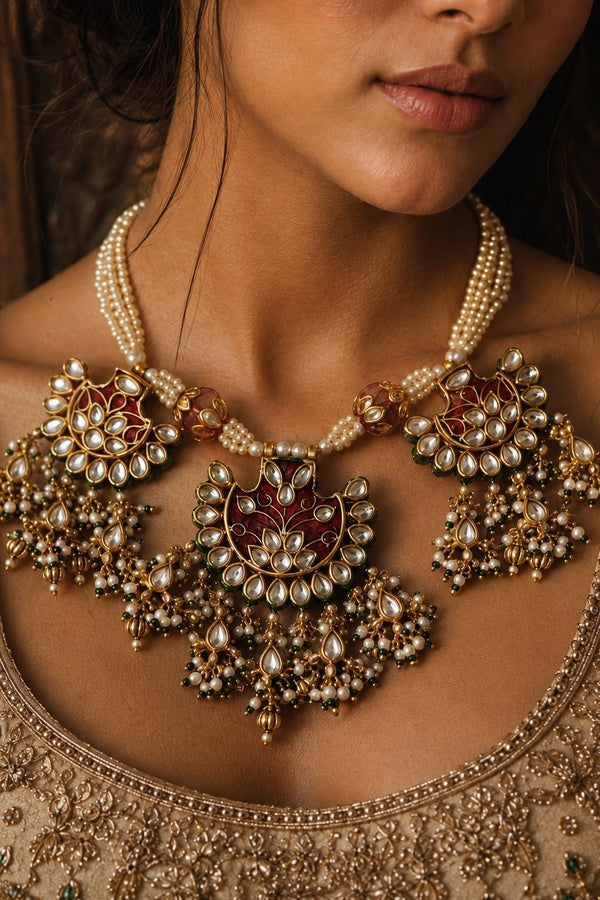 Maroon Meenakari & Pearls Kundan Necklace