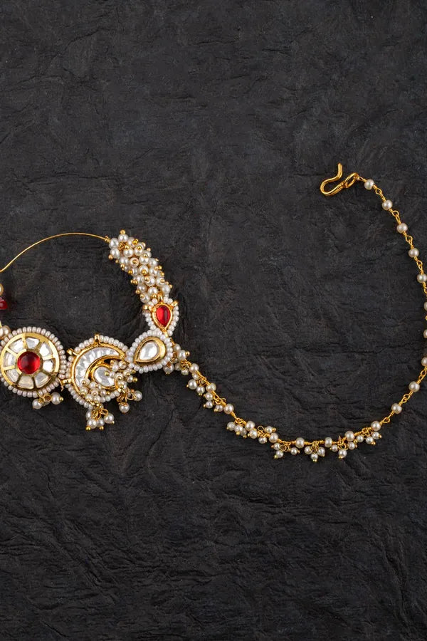 Gold Finish Red Centre Chakra Kundan Nath (Piercing)