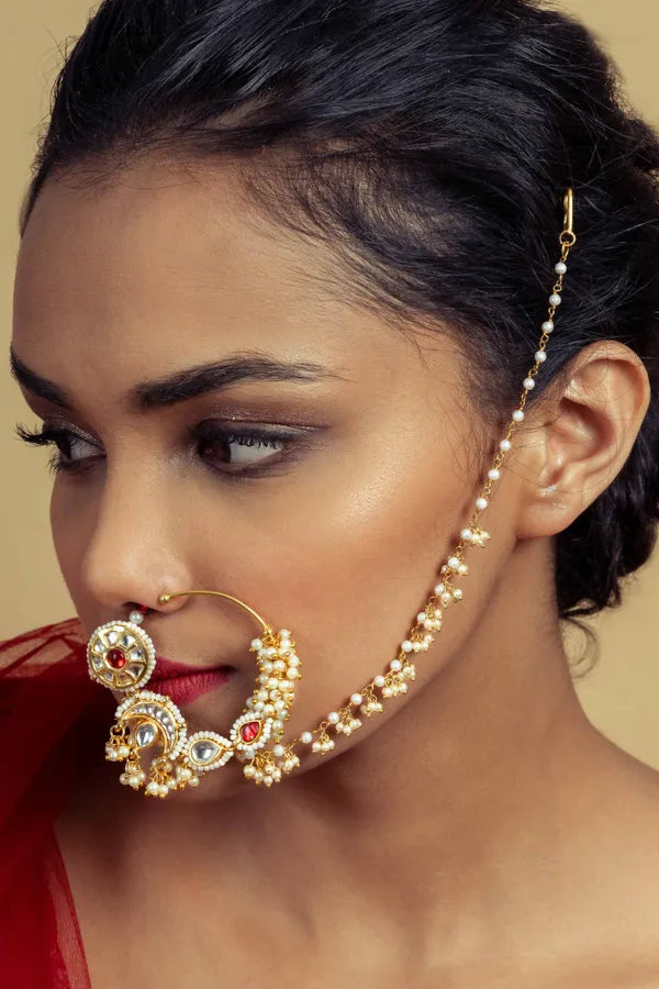 Gold Finish Red Centre Chakra Kundan Nath (Piercing)