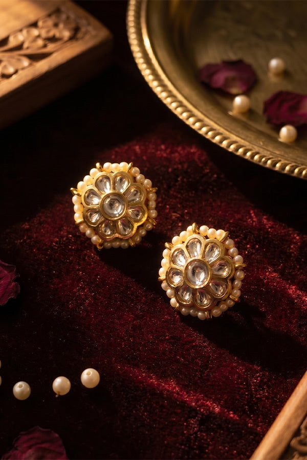 Gold Finish Kundan Pearl Stud Earrings