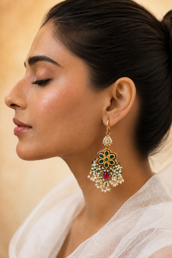 Green Red Pearl Drops Dangler Earrings