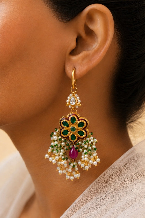 Green Red Pearl Drops Dangler Earrings