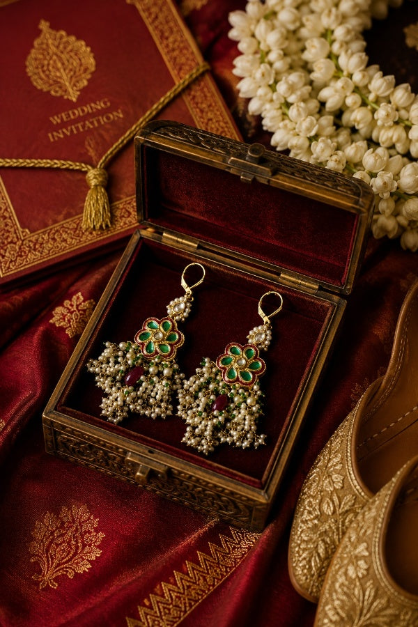 Green Red Pearl Drops Dangler Earrings