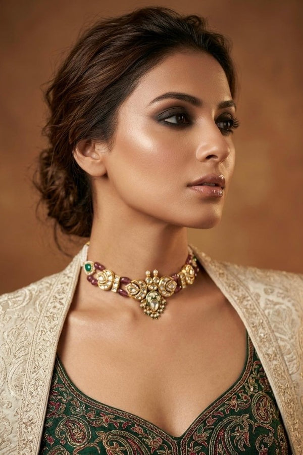 Gold Green Meena Kundan With Tourmaline Drops Choker Necklace