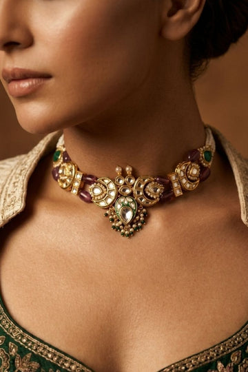 Gold Green Meena Kundan With Tourmaline Drops Choker Necklace