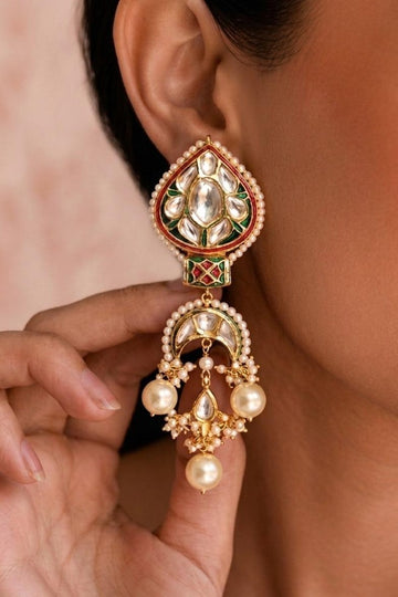 Red & Blue Kundan Chanda Pearls Chandbali Earrings