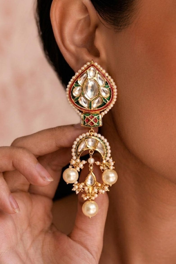 Red & Blue Kundan Chanda Pearls Chandbali Earrings