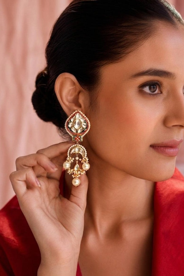 Red & Blue Kundan Chanda Pearls Chandbali Earrings