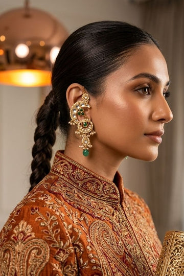 Pink & Green Kundan Chand Crescent Dangler Earrings