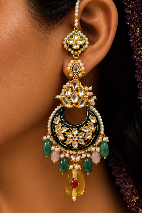Blue Meena Chand Earrings With Multicolor Drops