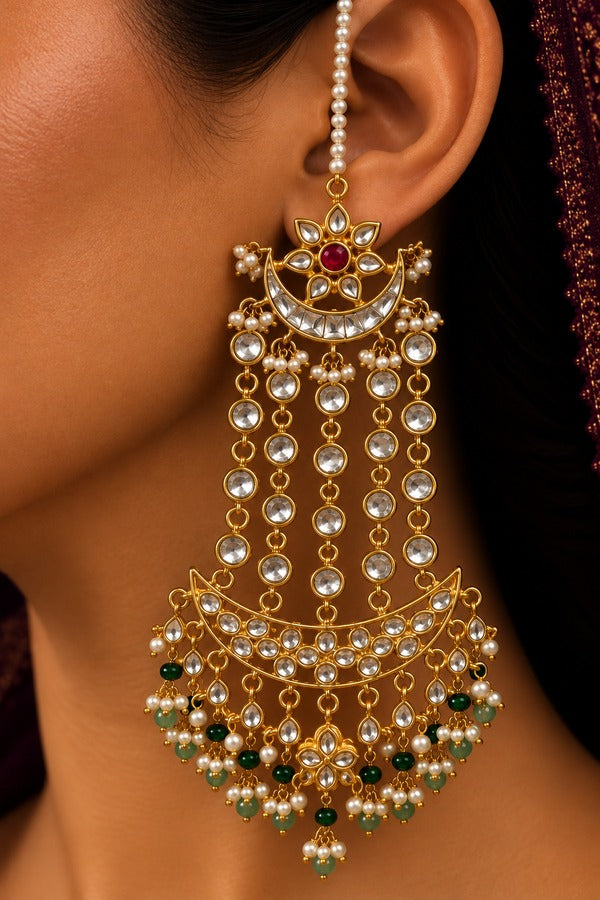 Red Kundan Golden Chand Pearl Earrings With Green Drops