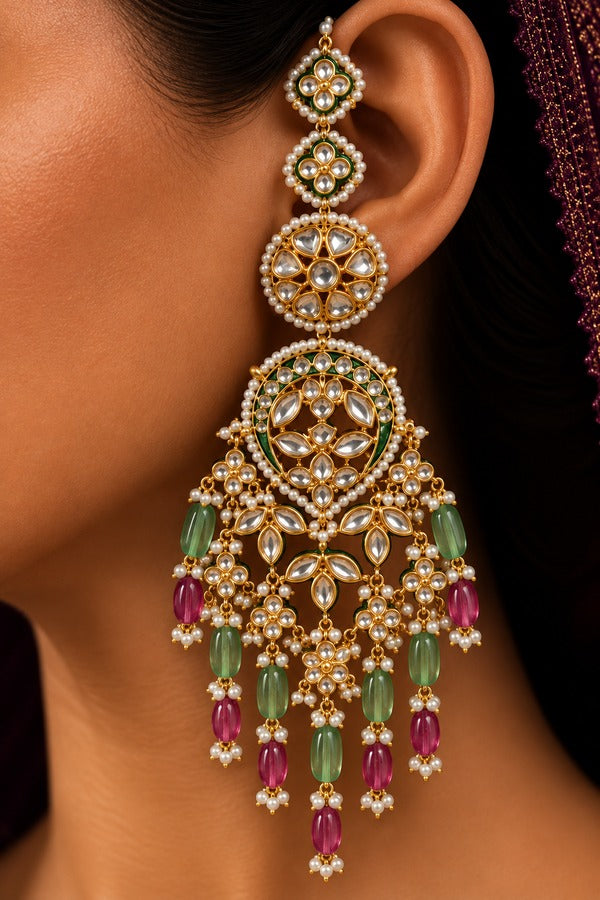 Statement Gold & White Bridal Earrings With Green & Tourmaline Drops