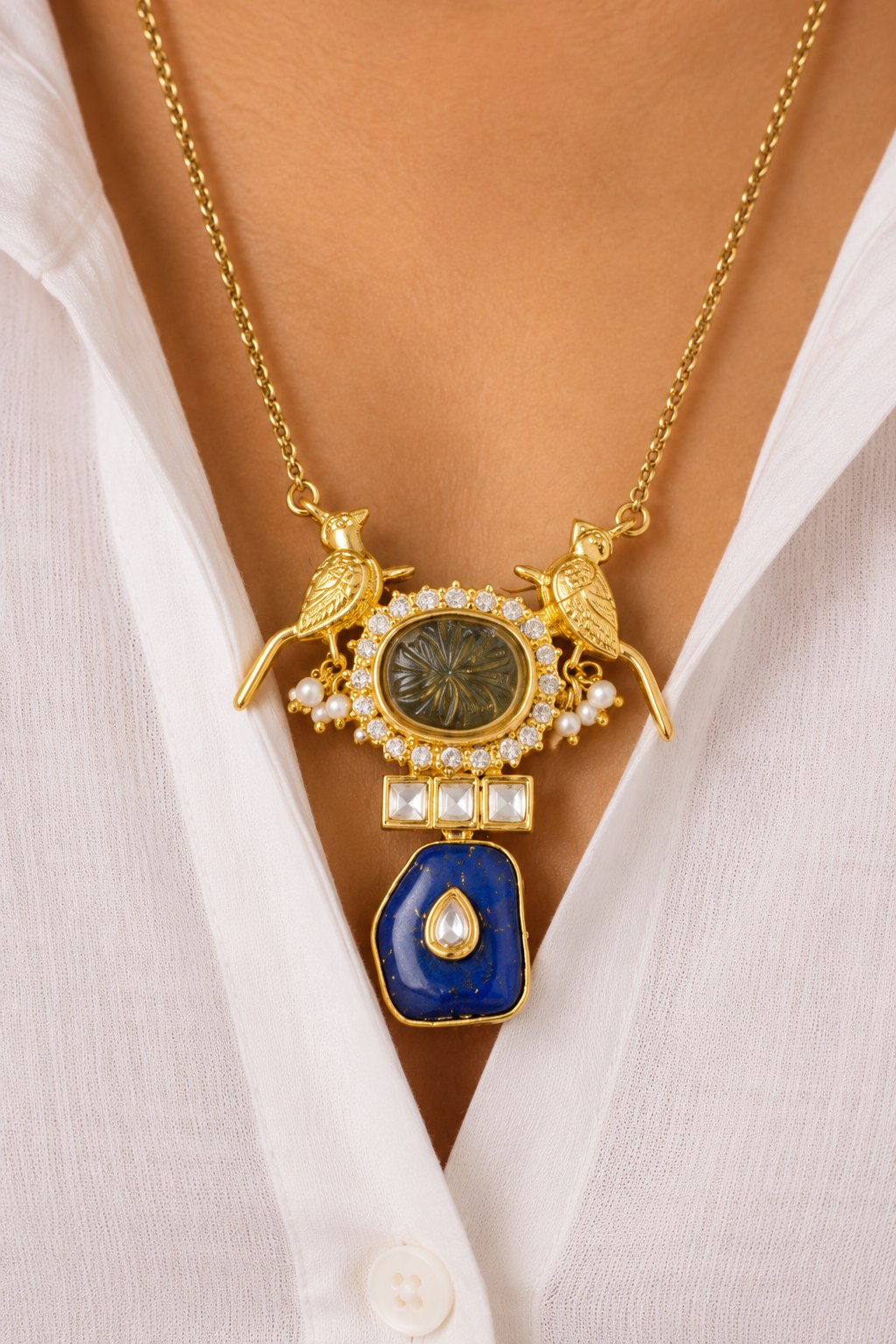 Golden Yellow & Blue Lapis Drop Necklace