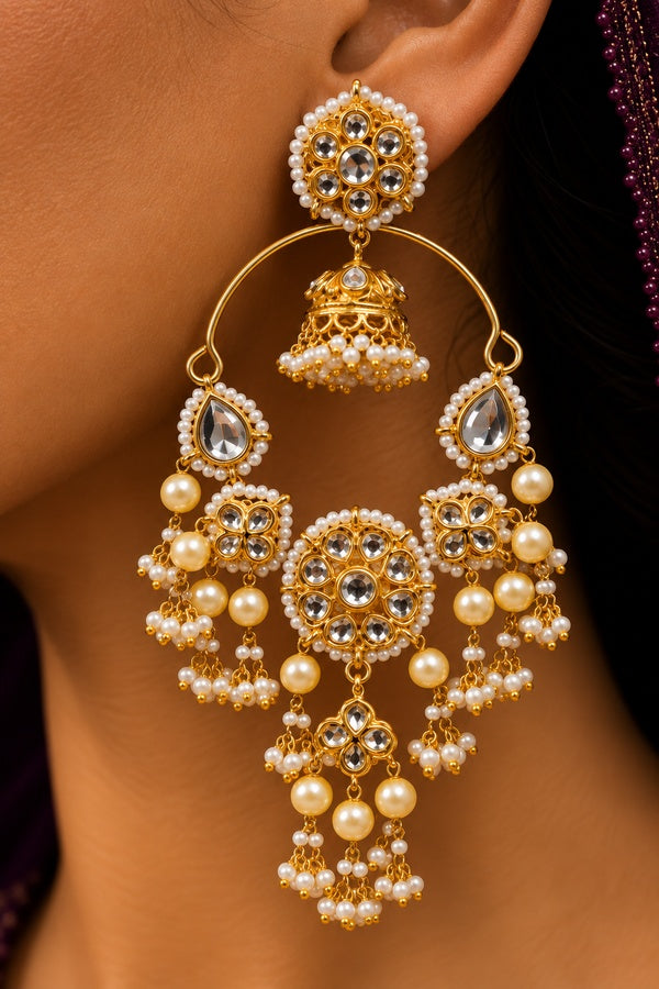 Statement Gold Chandbali With Jhumki & Pearls