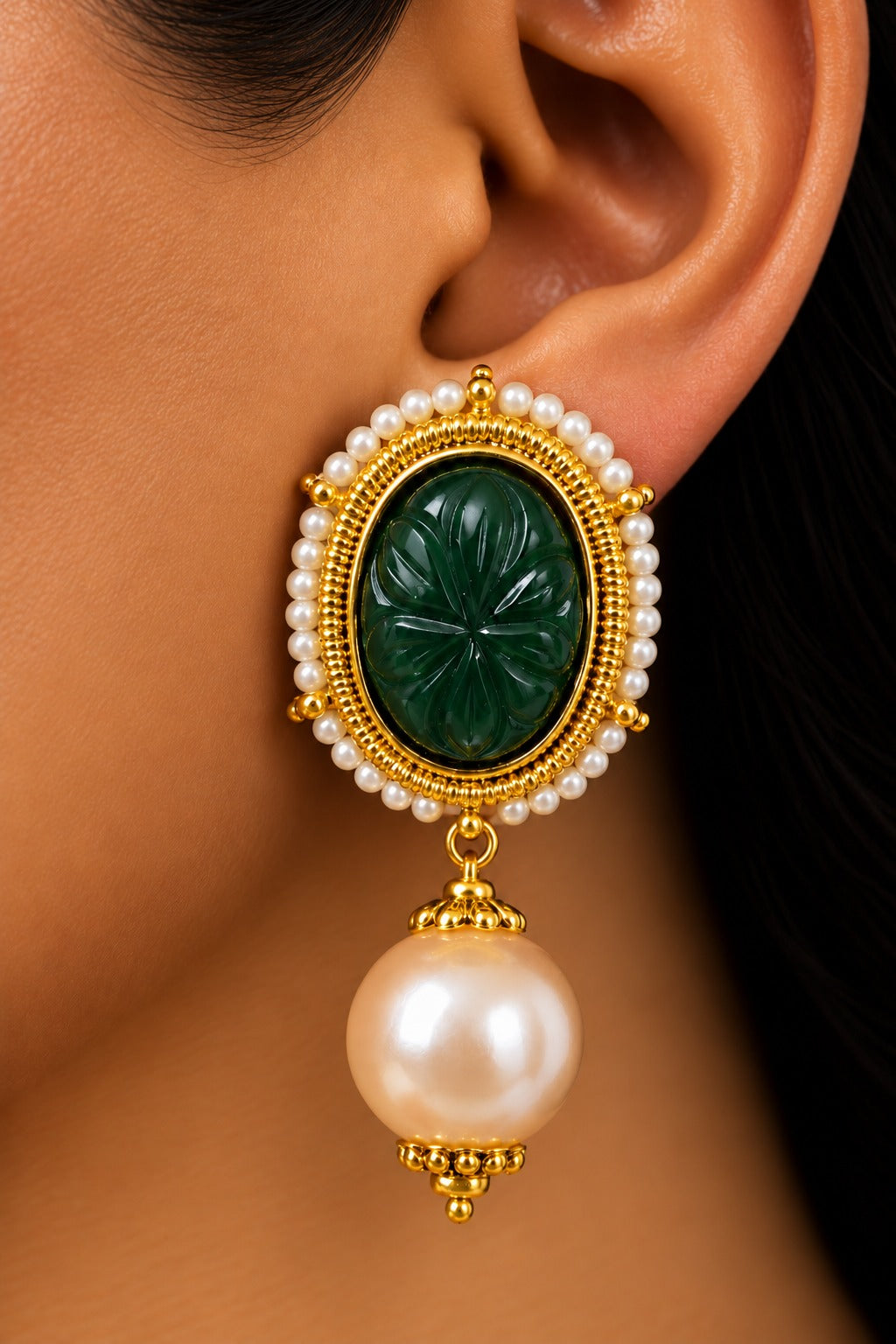 Carved Green Jade with Pink Pearl Earrings