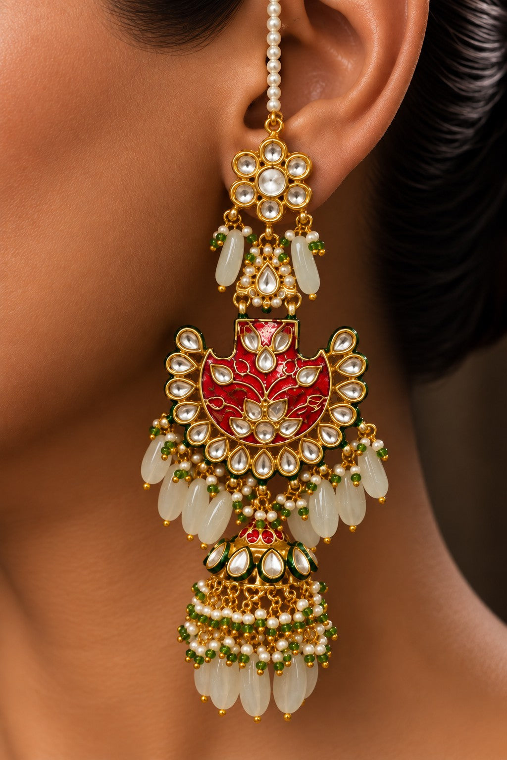 Maroon Meenakari & Pearls Gold Finish Earrings