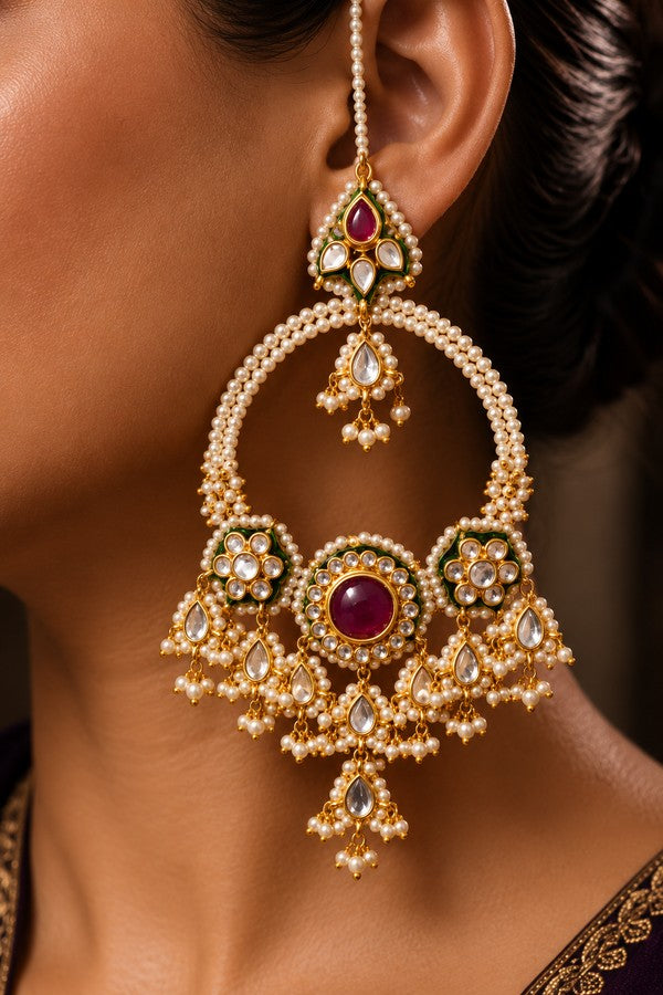Red Kundan Pearls Chandelier Chandbalis