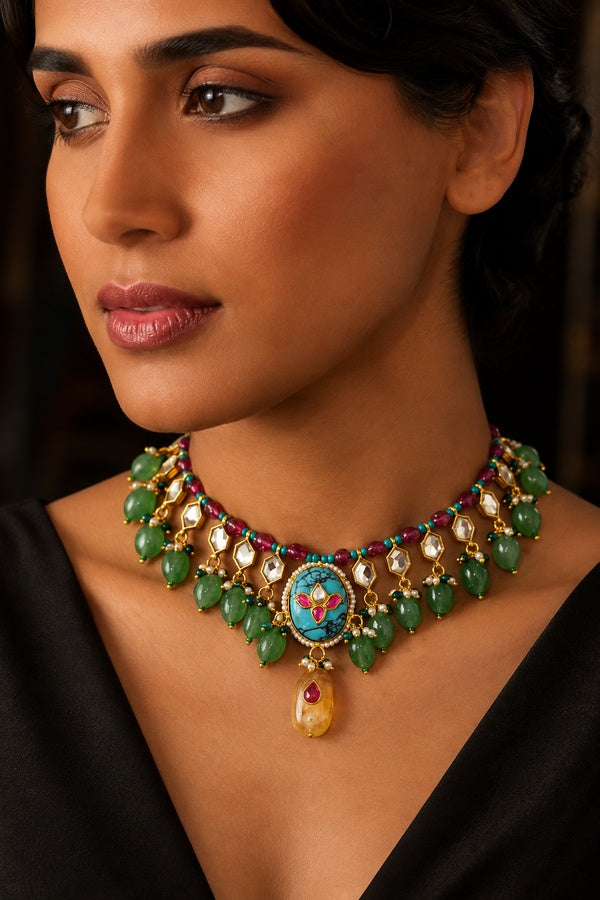 Statement Emerald Drop Kundan Feroza Stone Work Choker Necklace