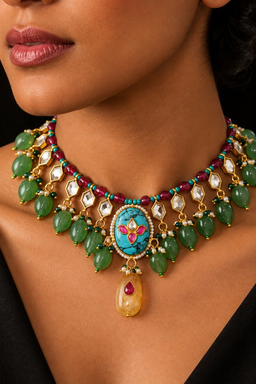 Statement Emerald Drop Kundan Feroza Stone Work Choker Necklace