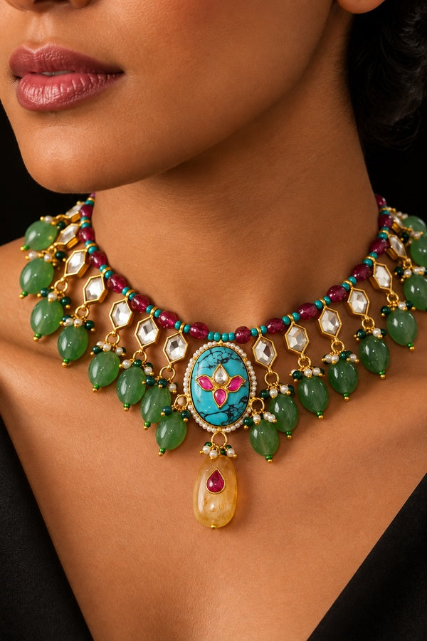 Statement Emerald Drop Kundan Feroza Stone Work Choker Necklace