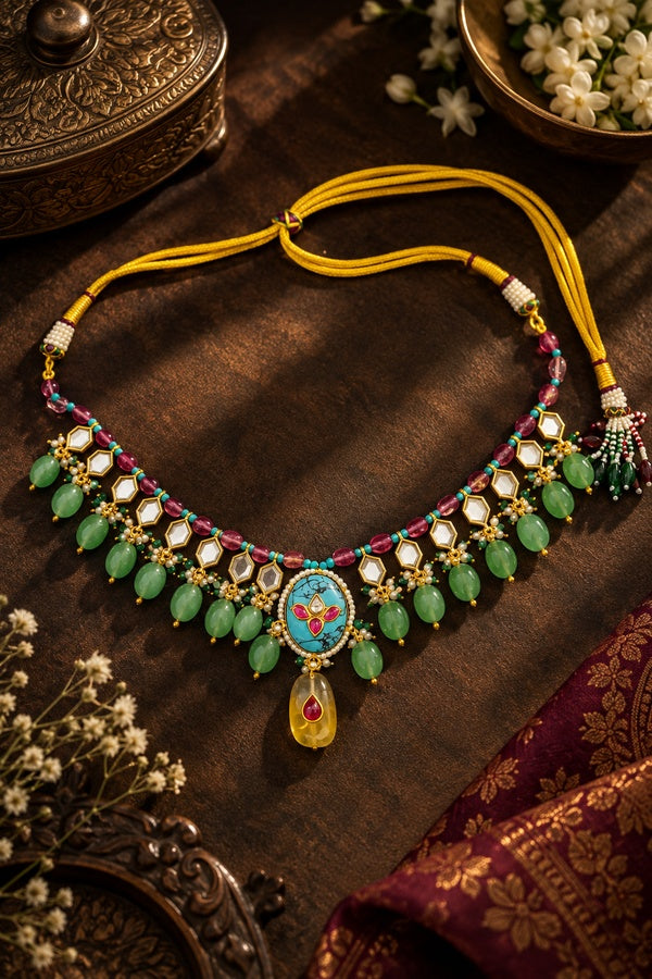 Statement Emerald Drop Kundan Feroza Stone Work Choker Necklace