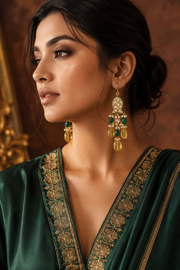 Kundan Fish Yellow Citrine Green Drops Dangler Earrings