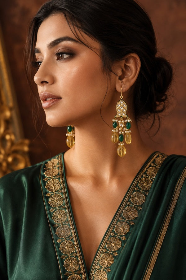 Kundan Fish Yellow Citrine Green Drops Dangler Earrings