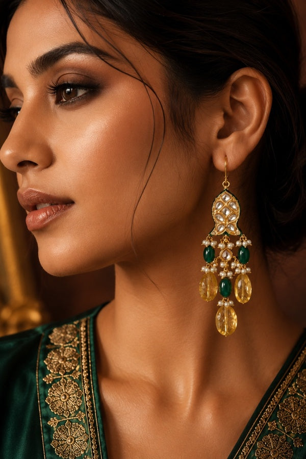 Kundan Fish Yellow Citrine Green Drops Dangler Earrings