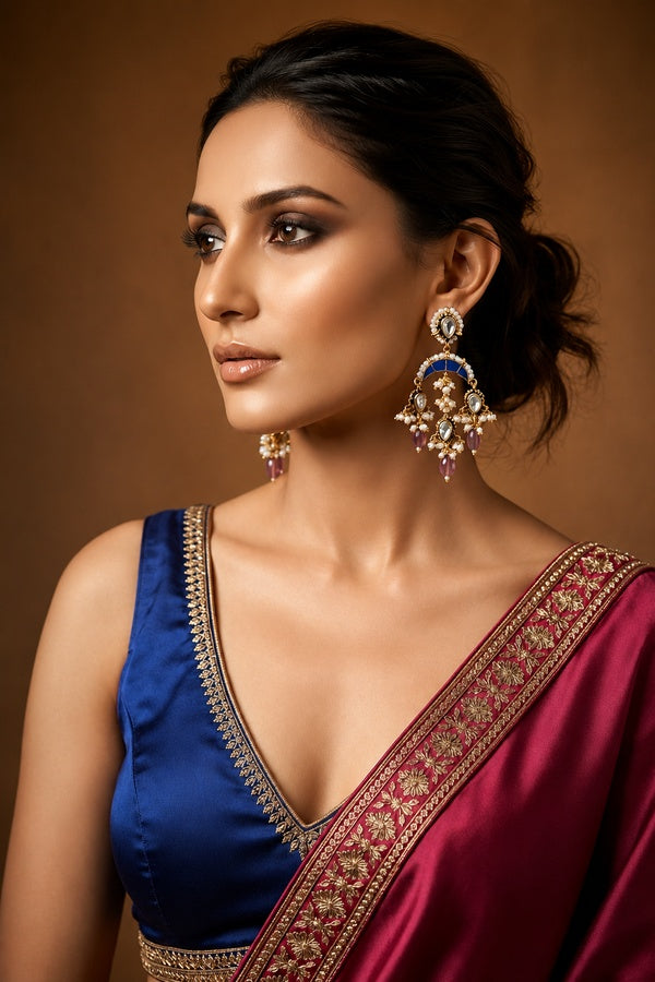 Kundan Stones With Pearls Blue Meenakari And Tourmaline Beads Dangler Earrings