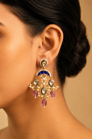 Kundan Stones With Pearls Blue Meenakari And Tourmaline Beads Dangler Earrings