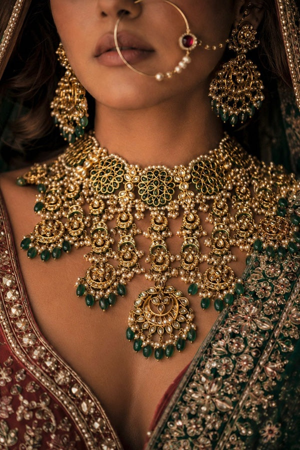 Statement Green And Gold Emerald Drops Choker Necklace