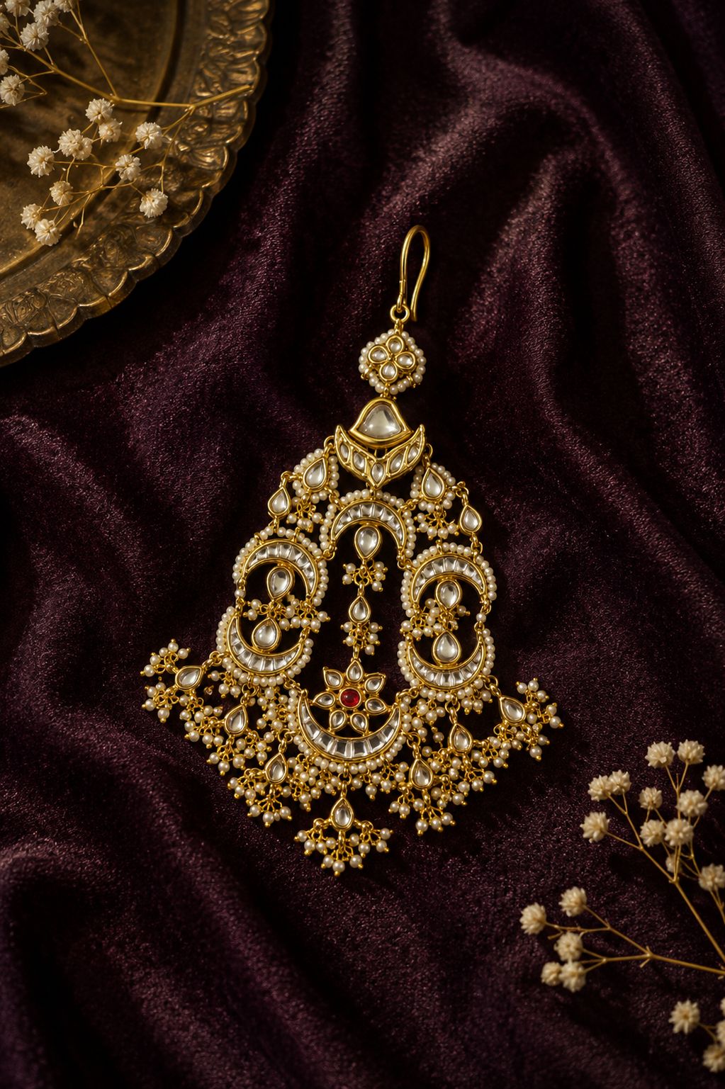 Gold & White Red Kundan Chand Passa