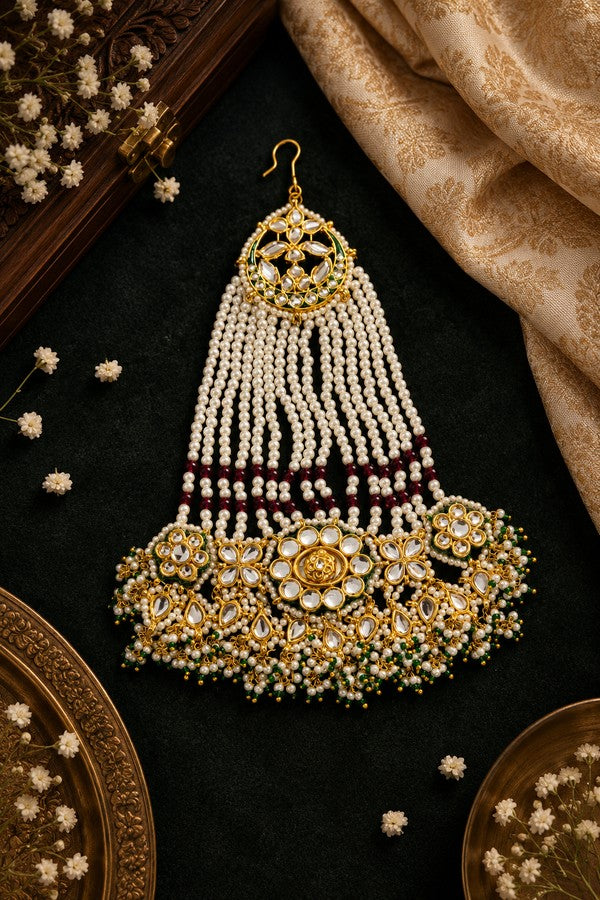 Pink Pearls Gold & White Kundan Green Pearls Passa