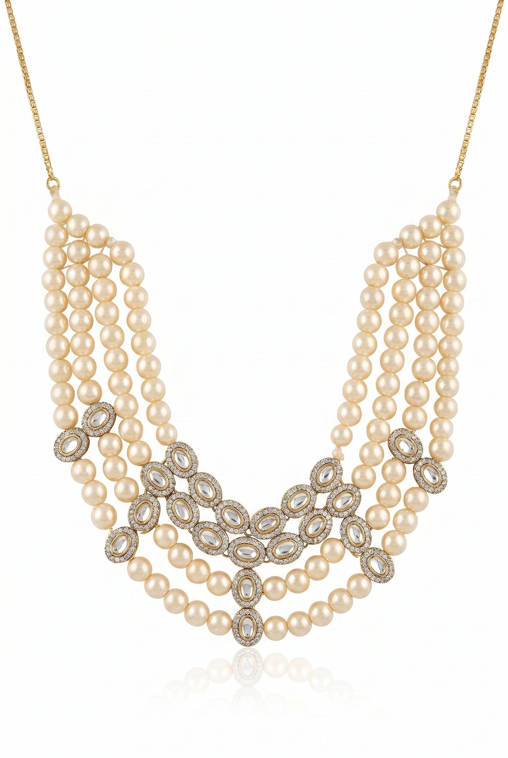 Four Line Gold Pearl Zirconia Necklace