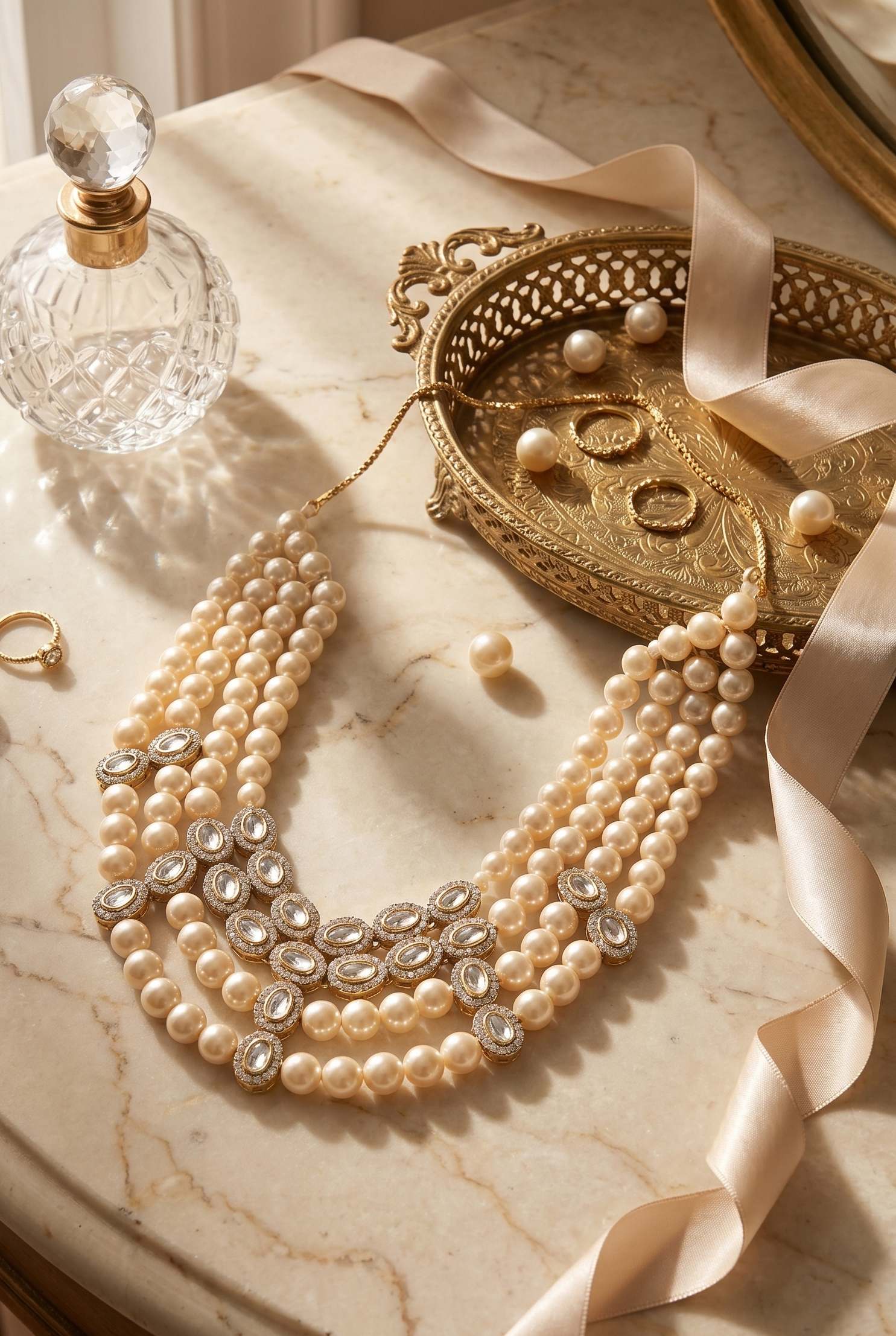 Four Line Gold Pearl Zirconia Necklace