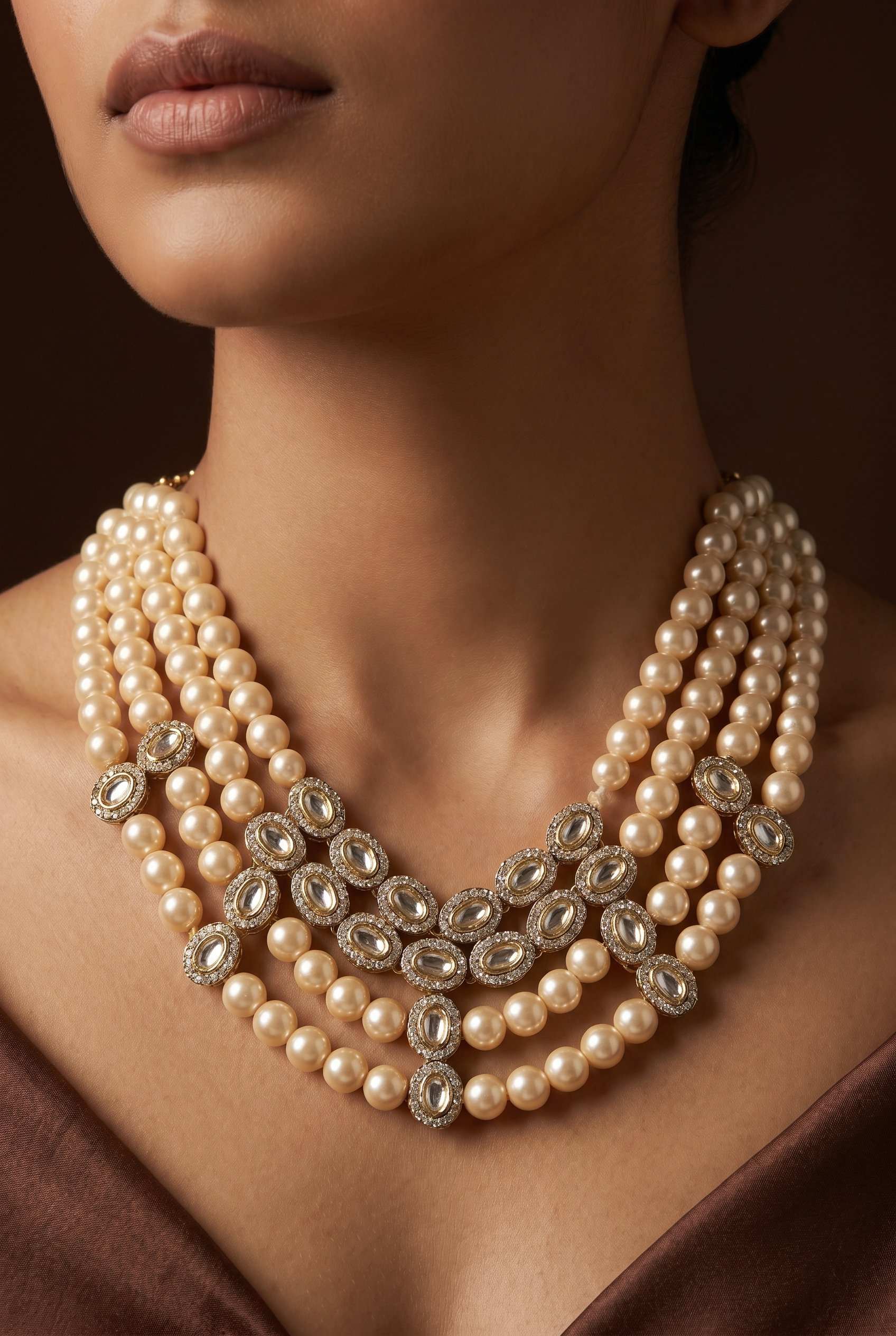 Four Line Gold Pearl Zirconia Necklace