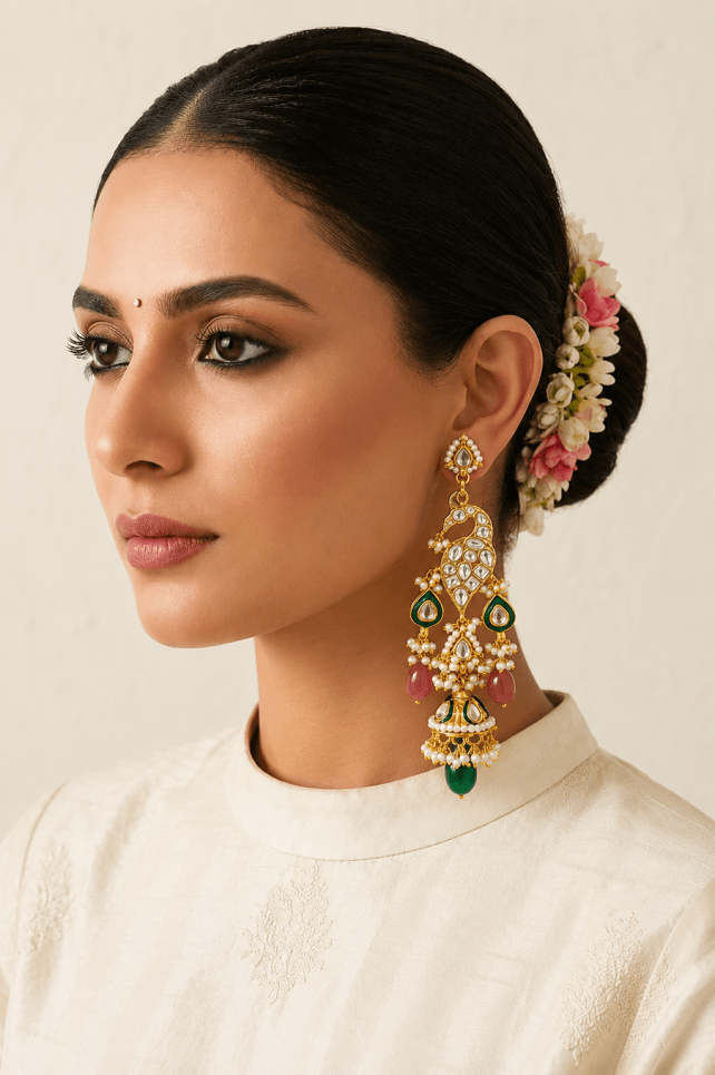 Green Meena Pink & Green Stone Ethnic Kundan Earrings