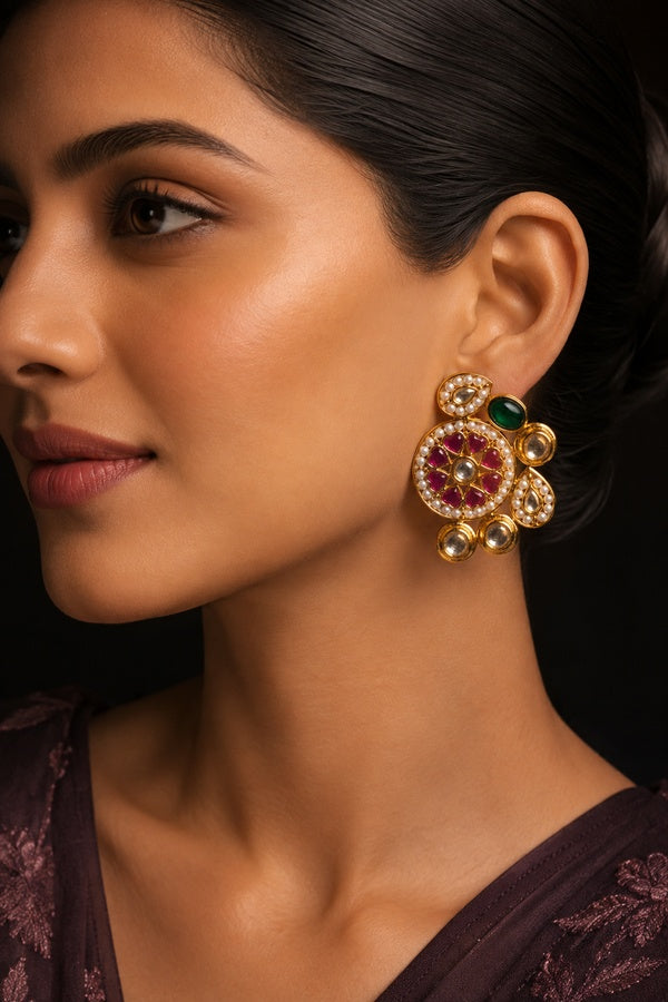 Gold Finish Pink Green Kundan Pearl Stud Earrings