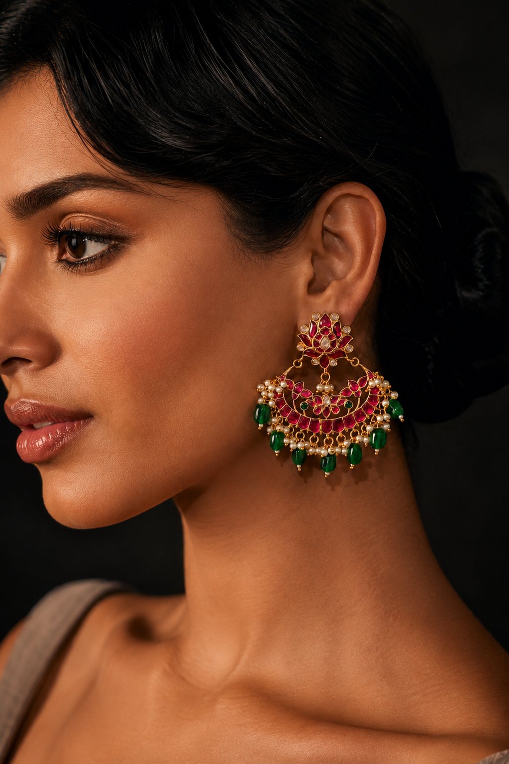 Pink Kundan Jadau Chandbali With Green Drops