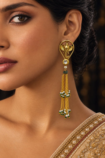 Ethnic Gold Plated Green & White Pearls Dangler Earrings